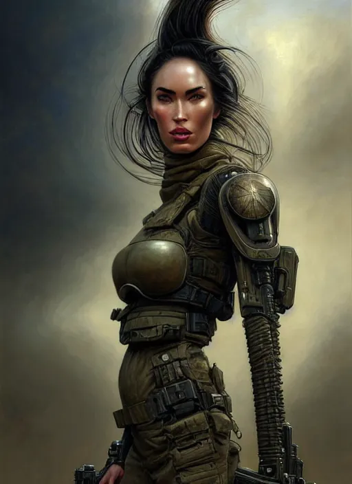 Image similar to closeup portrait shot of megan fox swat team soldier in a scenic dystopian environment, intricate, elegant, highly detailed, centered, digital painting, artstation, concept art, smooth, sharp focus, illustration, artgerm, tomasz alen kopera, peter mohrbacher, donato giancola, joseph christian leyendecker, wlop, boris vallejo