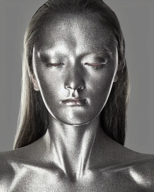Prompt: realistic photo portrait of a metal woman with human head in the style of hajime sorayama, studio lighting, 1 5 0 mm