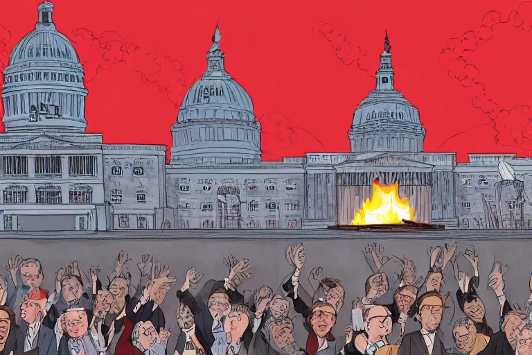 Image similar to senator mitch McConnell laughing maniacally in front of a burning capitol building, digital illustration by pixar and studio ghibli
