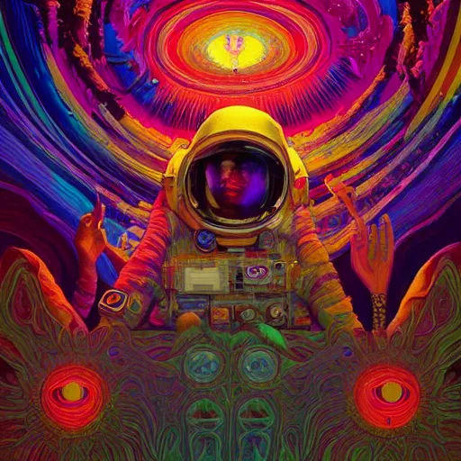 Image similar to An extremely psychedelic experience, colorful, surreal, 🍄dramatic lighting, cosmonaut, LSD, face, detailed, intricate, elegant, highly detailed, digital painting, artstation, concept art, smooth, sharp focus, illustration, art by Sam Spratt, Dan Mumford, Artem Demura and Alphonse Mucha