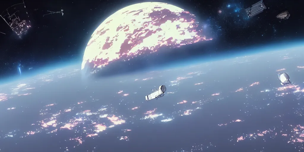 Image similar to a spacecraft moving towards earth by moebius and makoto shinkai, cinematic composition, wide shot