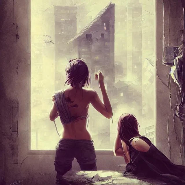 Image similar to window, eye, women, buildings, surprise, scared, couch by wlop, artgerm, greg rutkowski