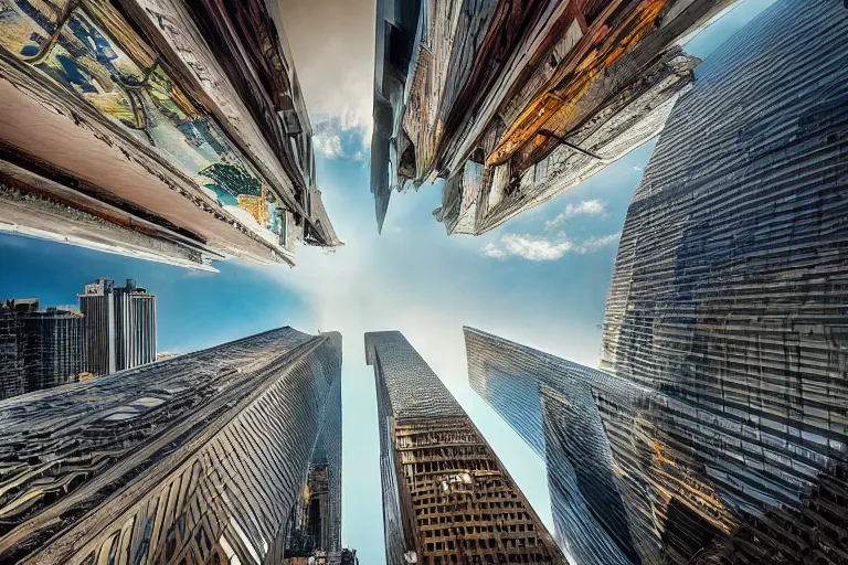 Image similar to beautiful city photography of new york, wide angle, marc adamus, looking up, buildings