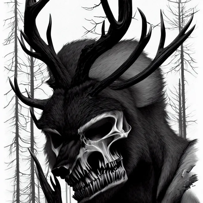 Image similar to style artgerm, joshua middleton, tim jacobus, scary wendigo with antlers and skull face mixed with werewolf, in the forest, detailed, dark and foggy, cinematic lighting