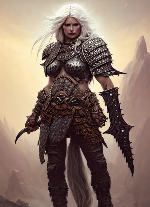 Image similar to barbarian, plated armor!!! long wild white hair!! covered chest!!! fantasy, d & d, intricate ornate details, digital painting, pretty face!!, symmetry, concept art, sharp focus, illustration, art by artgerm! greg rutkowski magali villeneuve wlop! ilya kuvshinov!!, octane render