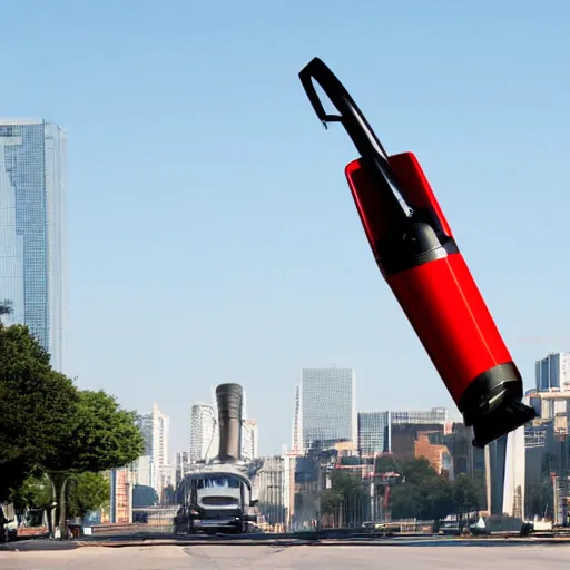 Image similar to a giant vacuum cleaner attacks a city