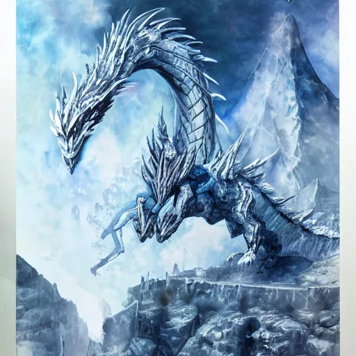 Prompt: Ice castle floating high above the ground being circled by a magnificent white scaled ice dragon, drawn by Yoji Shinkawa, water color, Dungeons and Dragons, Wizards of the Coast