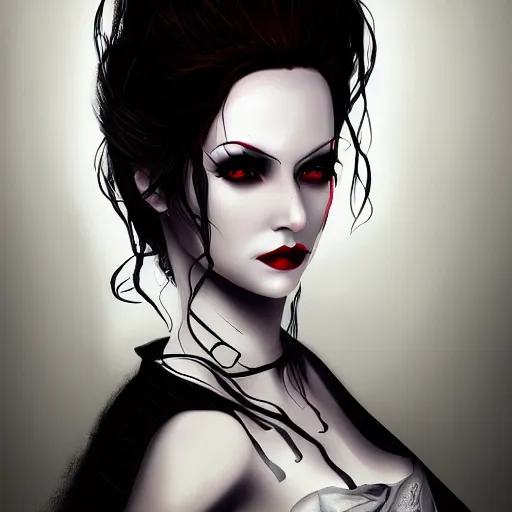 Image similar to illustration of a lady vampire, digital painting, ominous, sharp, detailed, 4k