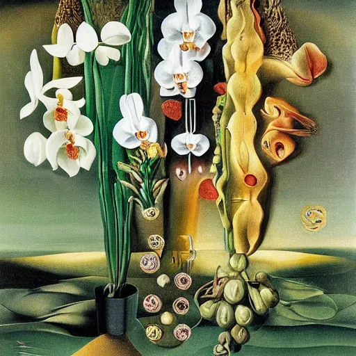 Image similar to infinite space on minestrone plants and orchids by cirico, salvador dali