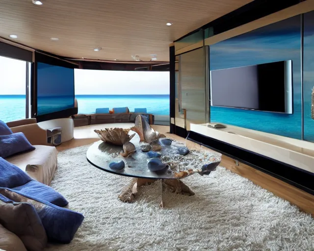 Image similar to A modern living room in the middle of the ocean, a luxurious wooden coffee table with large seashells on it, A huge television, amazing detail, 8k resolution, blue color, calm, relaxed style, harmony, wide angle shot