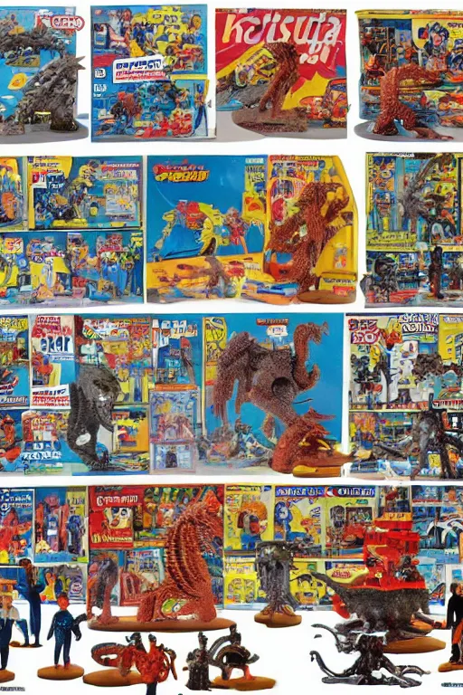 Image similar to sears wishbook page, kaiju action figures, playsets, 1980s