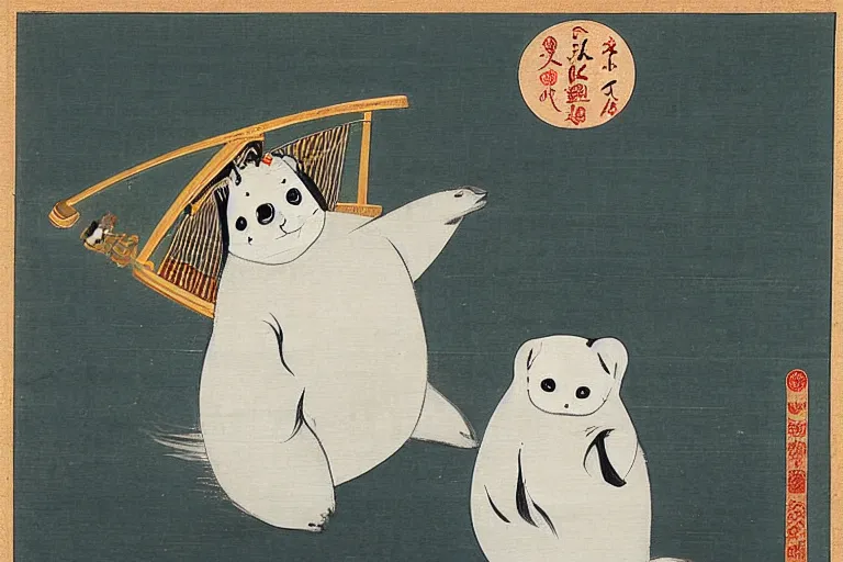 Image similar to baby harp seal as Yōkai, Japanese painting, 1800