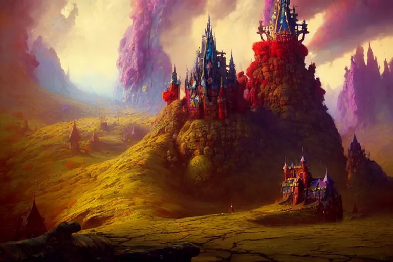 Prompt: the fantasy castle is looming over the hills, vivid intricate vibrant elaborate pastel inks, background landscape environment illustration, brad rigney willian murai ilya repin dragan bibin pete mohrbacher, raymond swanlandy stephan matiniere.