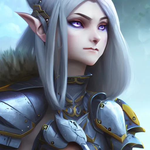 Image similar to a night elf girl with grey skin, yellow eyes and hair, ponytail, wearing armor, highly detailed, digital painting, artstation, matte, by makoto shinkai, animation style