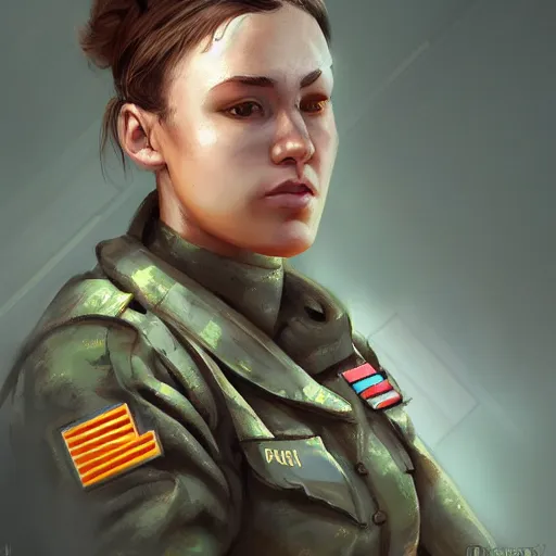Prompt: a selfie of an upbeat female military soldier, highly detailed, digital painting, artstation, concept art, smooth, sharp focus, illustration