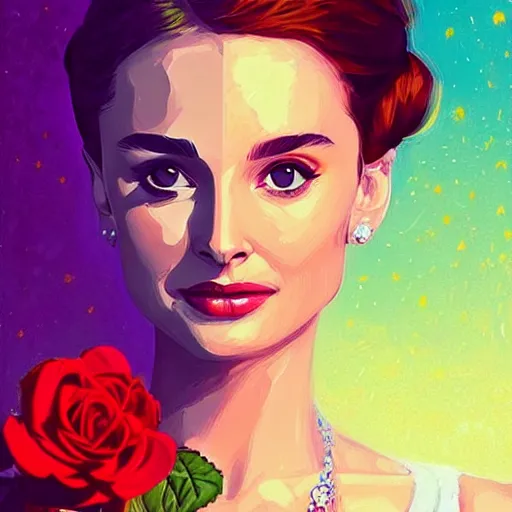 Prompt: beautiful charming goddess of sunshine and roses, inspired by audrey hepburn and natalie portman, character art portrait, deviantart artstation, by alena aenami, by michael whelan, behance hd, bokeh
