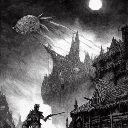 Image similar to Fantasy village, the inhabitant looking up at the sky. The sky is completely covered to the horizon by an incredibly huge airship-like ship. Extremely high detail, realistic, dark fantasy art, masterpiece, 8k, octane rendering, Arthur Rackham painting, art by Victoria Frances, Frank Frazetta.