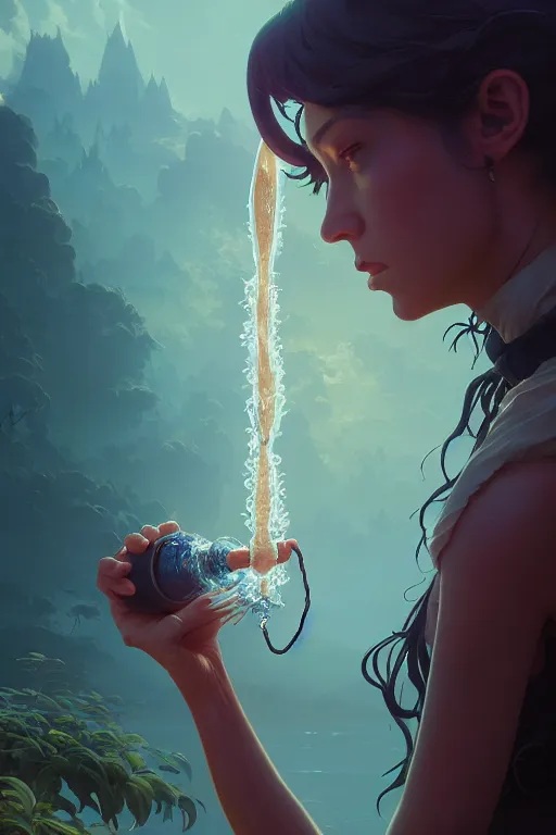 Image similar to highly detailed vfx portrait a mage casting a water spell, stephen bliss, unreal engine, greg rutkowski, loish, rhads, beeple, makoto shinkai and lois van baarle, ilya kuvshinov, rossdraws, tom bagshaw, alphonse mucha, global illumination, detailed and intricate environment