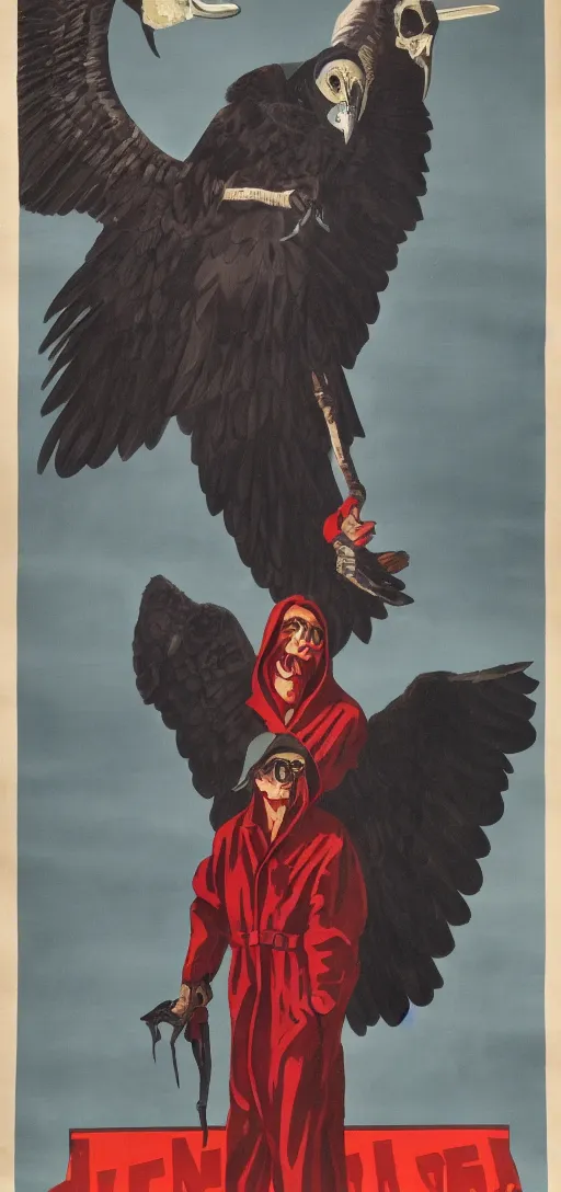 Image similar to mistery man in hood and red eyes with a dager, and a vulture, 1940s propaganda poster, full hd,highly detailed