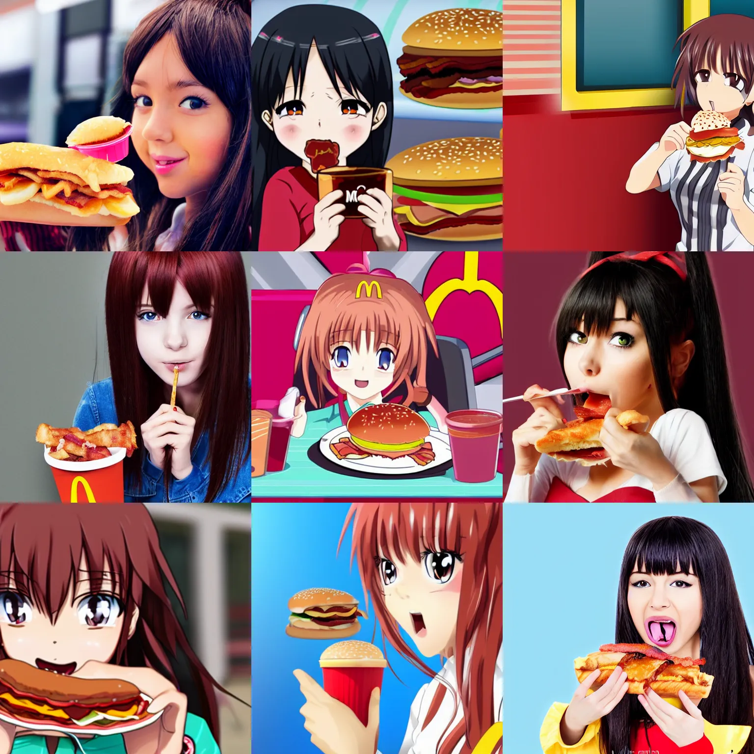 Prompt: anime girl eating bacon by mcdonalds