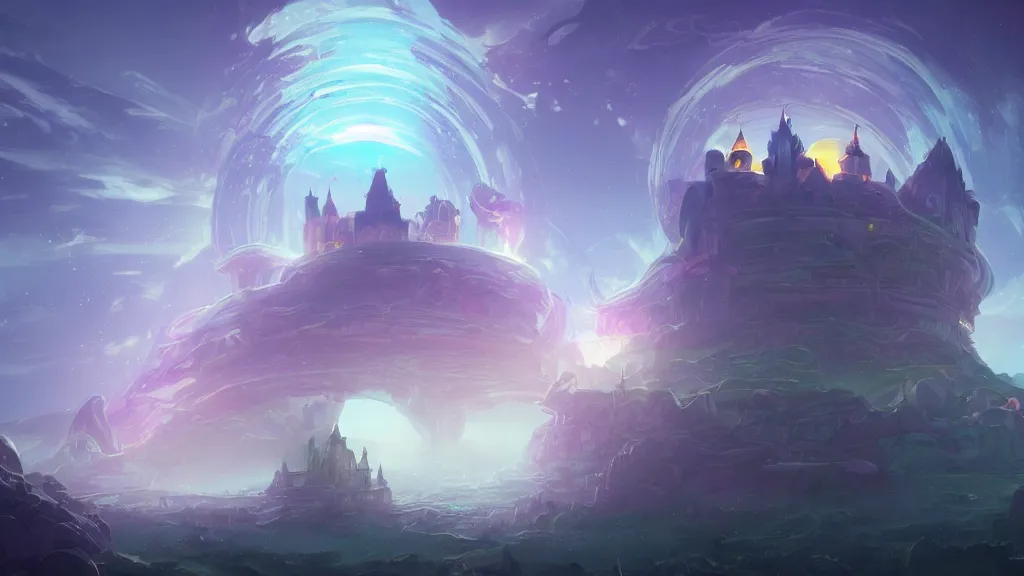 Image similar to a mysterious castle floating in space surrounded by glowing rings, by sylvain sarrailh, rossdraws, ambient light, ultra detailed, fantasy artwork, 8 k, volumetric lighting, trending on artstation, award winning, beautiful scenery, very beautiful.