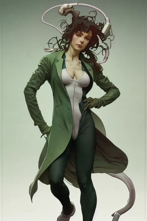 Image similar to a full body character design by artgerm, cushart krenz, greg rutkowski and alphonse mucha. mad scientist woman lab coat!! green plasma cyborg body!! symmetrical gear background, face sharp edges. ultra clear detailed. 8 k. ultra detailed, elegant, intricate, octane render.