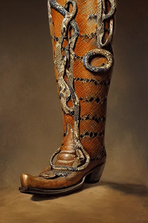 Prompt: cowboy boot with a snake coming out of it, oil on canvas, intricate, 8 k highly professionally detailed, hdr, cgsociety