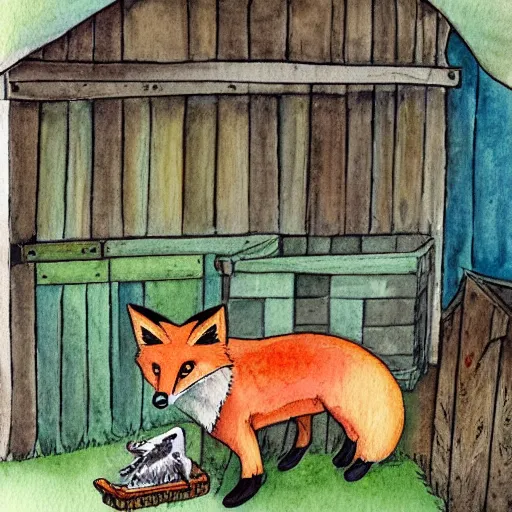 Prompt: a fox in a hen house, watercolor illustration,