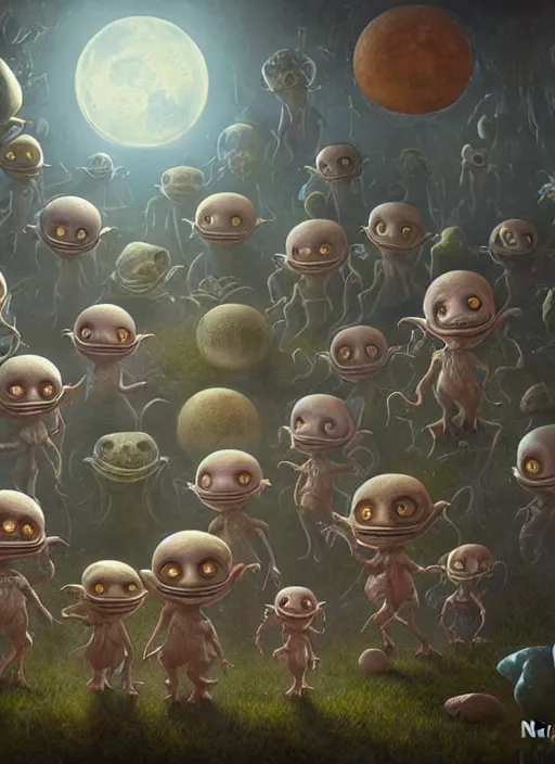 Image similar to highly detailed wide - angle group portrait of cute extraterrestrial goblins in their favorite moonbase, unreal engine, nicoletta ceccoli, mark ryden, earl norem, lostfish, global illumination, detailed and intricate environment