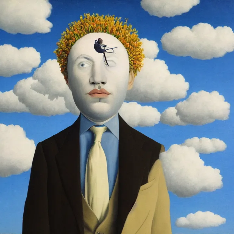 Image similar to portrait of a faceless beautiful flower - head man in a suit, clouds in the background, by rene magritte, detailed painting, distance, middle centered, hd, hq, high resolution, high detail, 4 k, 8 k