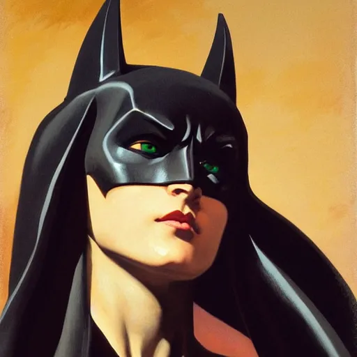 Image similar to Painting of Batman. Art by William Adolphe Bouguereau. During golden hour. Extremely detailed. Beautiful. 4K. Award-winning.