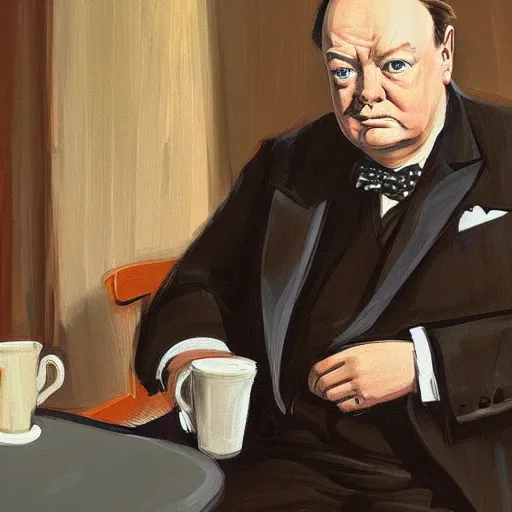 Image similar to Winston Churchill waiting for a cup of coffee in Starbucks, digital art