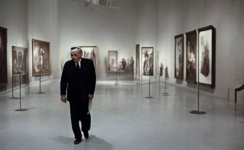 Image similar to 50s movie still close-up portrait of an elder soviet general walking in an empty museum, by David Bailey, Cinestill 800t 50mm eastmancolor, heavy grainy picture, very detailed, high quality video, 4k, HD criterion, precise texture and facial expression