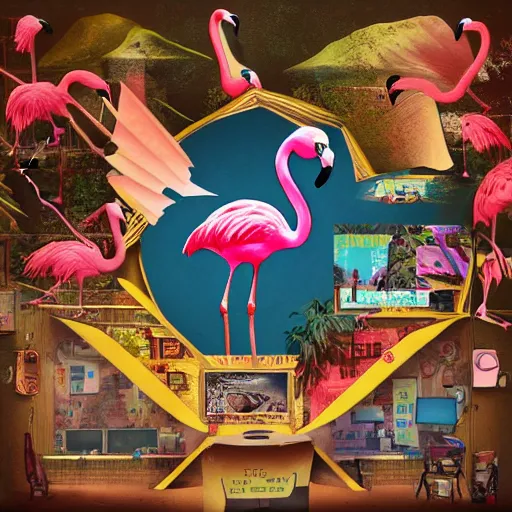 Image similar to the flamingo cafe, internetcore plunderphonic collage album cover, trending on artstation