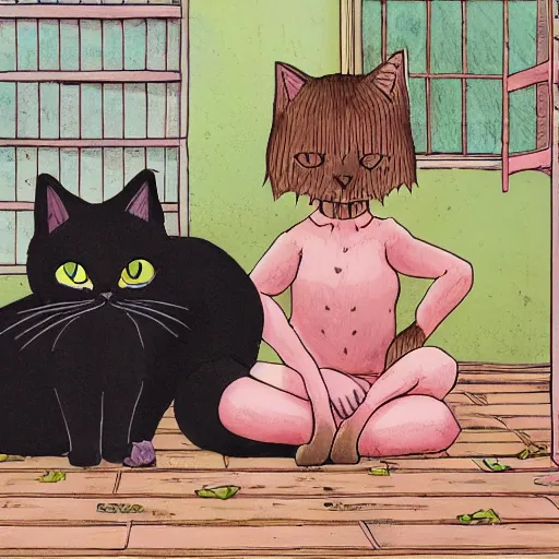 Prompt: cat and a cat - girl sitting across each other on the floor with rhubarb between them, looking in the eyes, tension in the air