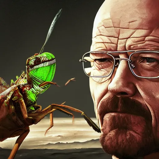 Image similar to painting of walter white eathing delicious a locust, connaisseur, delicious, photorealistic, highly detailed, concept art, matte, smooth, sharp focus, 8 k