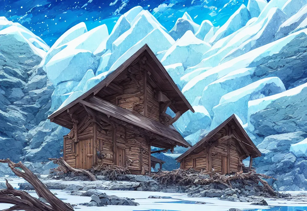 Image similar to a glacier with a tiny chubby wood house on the foreground, dead trees, ice, rocks, dry plants, intricate oil painting, high detail illustration, sharp high detail, manga and anime 1 9 9 9, official fanart behance hd artstation by jesper ejsing and makoto shinkai, 4 k,