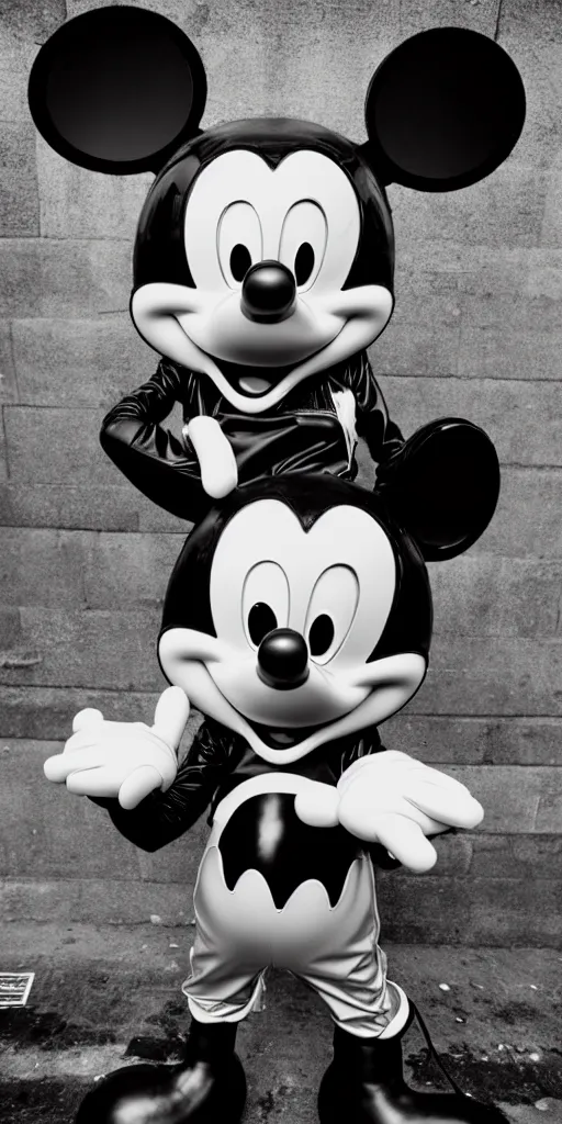 Prompt: photographic shot of mickey mouse wearing a latex outfit in front of berghain, berlin style, photography by sven marquardt, highly detailed, photorealistic, 4 k