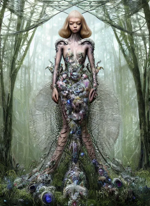 Image similar to a beautiful hyperrealistic ultradetailed 3D, one girl in a magnificent McQueen couture clothes on the background of a futuristic forest, Designer clothes, futuristic clothes, clothes from the future, biopunk, voge photo, fashion style, fullbody, in full growth, intricate, elegant, highly detailed, artstation, concept art, smooth, sharp focus, illustration, art by and greg rutkowski and orientalism and bouguereau and Zdzislaw Beksinski, good clear quality, lighting,