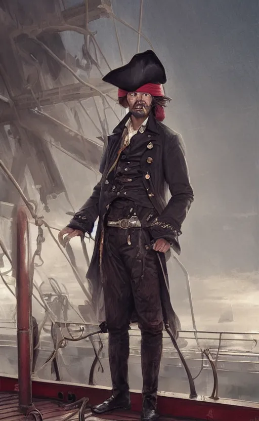 Image similar to portrait of a 1 9 th century pirate in a trenchcoat standing on the deck of a ship, victorian, concept art, detailed face, fantasy, highly detailed, cinematic lighting, digital art painting by greg rutkowski