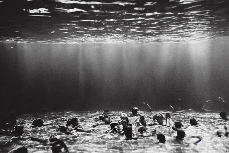 Image similar to people trapped in a flooded ballroom, drowning, underwater view, black and white photograph