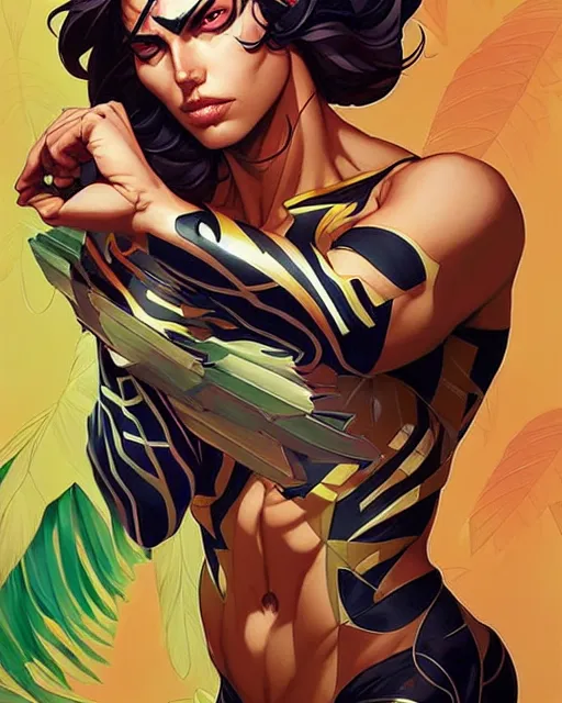 Image similar to artgerm, joshua middleton and sandra chevrier comic cover art, full body handsome male jungle lord, matching eyes, tough, rim lighting, vivid colors