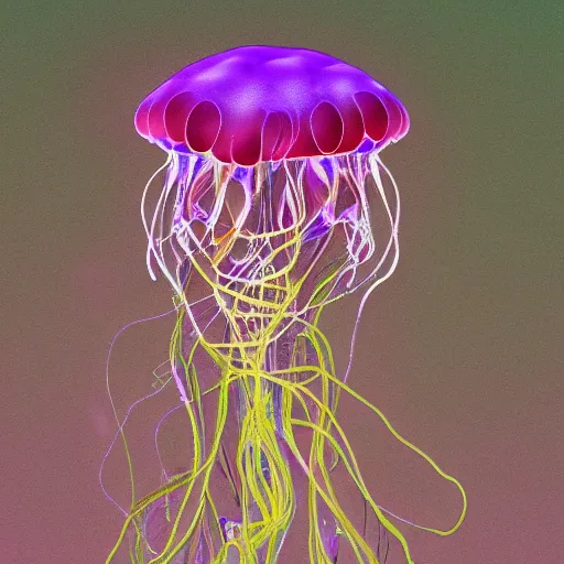 Prompt: detailed photograph of a psychedelic biomechanical robot jellyfish