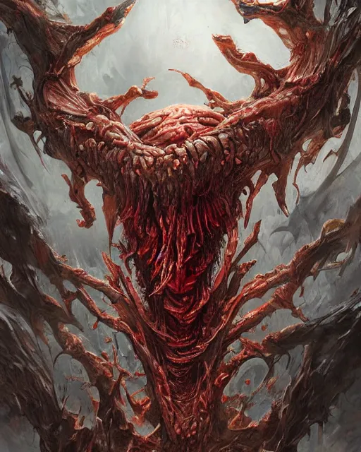 Image similar to Haunting horrifying detailed painting of a huge muscular hulking extraterrestrial flower monster made of bone and spinal cord, and bloodshot eyeballs, hyper detailed, trending on Artstation