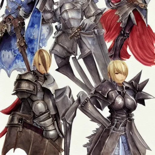 Image similar to watercolor, final fantasy tactics character design, knight in plate armor, character portrait, heroic, many belts