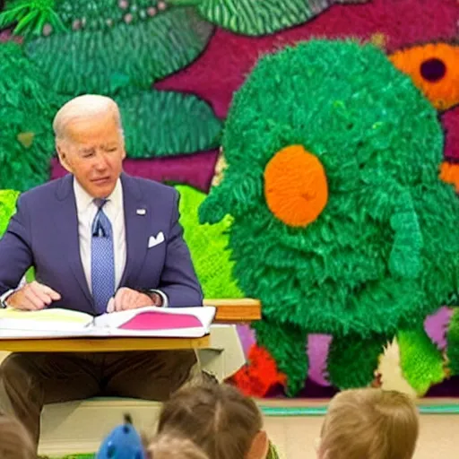 Image similar to joe biden struggling to read the hungry caterpillar children ’ s book