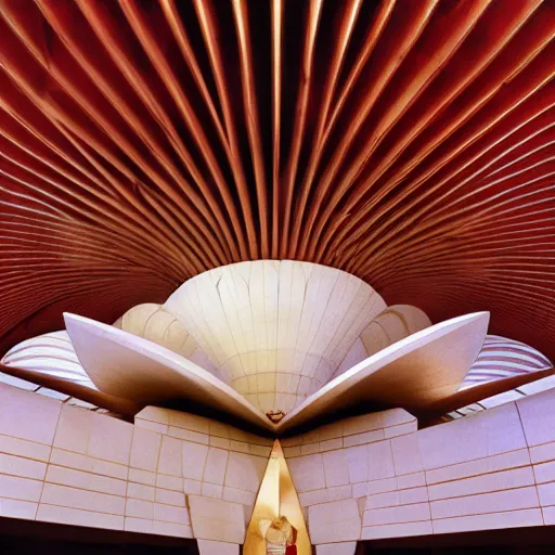 Prompt: interior of a futuristic lotus temple with gold, red and white marble panels, in the desert, by buckminster fuller and syd mead, intricate contemporary architecture, photo journalism, photography, cinematic, national geographic photoshoot