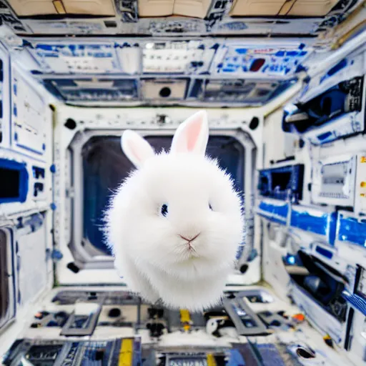 Prompt: a cute fluffy white rabbit floating inside the international space station, realistic, professional photography, 4 k, sharp lens, focus, depth of field