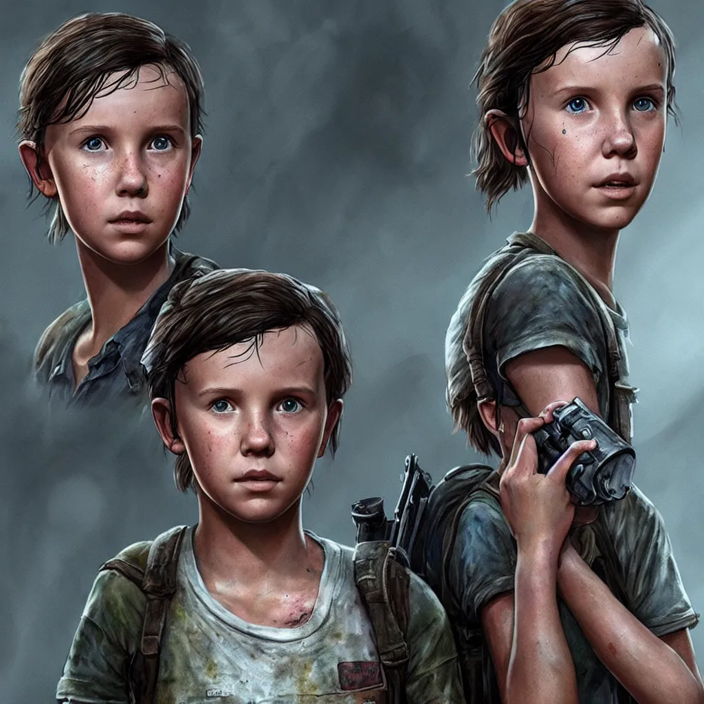 Image similar to millie bobby brown as ellie from the last of us 2, character concept art, hyperrealistic, detailed, accurate illustration, dramatic lighting