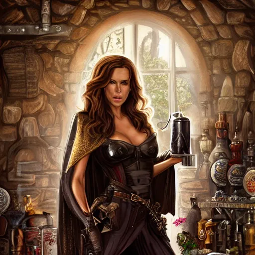 Prompt: kate beckinsale weared as thief, holding flask in hand, with knives in bandolier and cloak cape, sit in dark fantasy tavern near fireplace, behind bar deck with bear mugs, lockpicks and pile of gold, medieval dnd, colorfull digital fantasy art, 4k